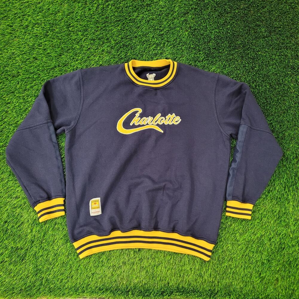 Vintage Charlotte Varsity Ringer Sweatshirt XL 25x27 Navy-Blue Yellow Trim Y2K